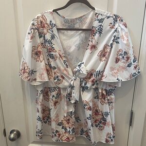 Source Unknown Floral Tie-Front Blouse - White and brownish orange
